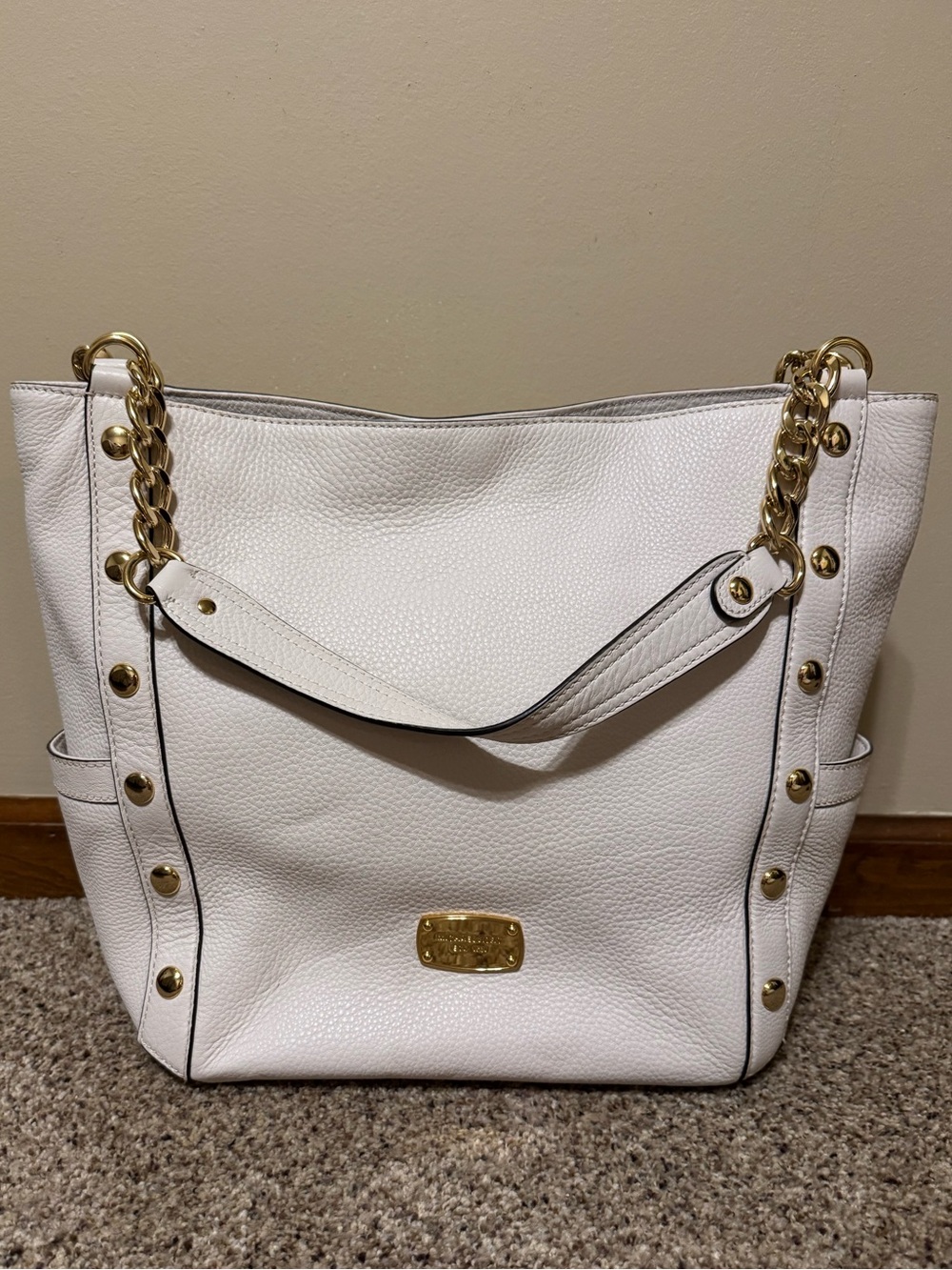 Michael Kors White Leather Tote Bag with Gold Chain Accents